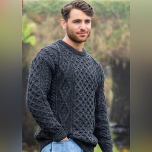 Charcoal Cable Knit Crewneck Fisherman Sweater